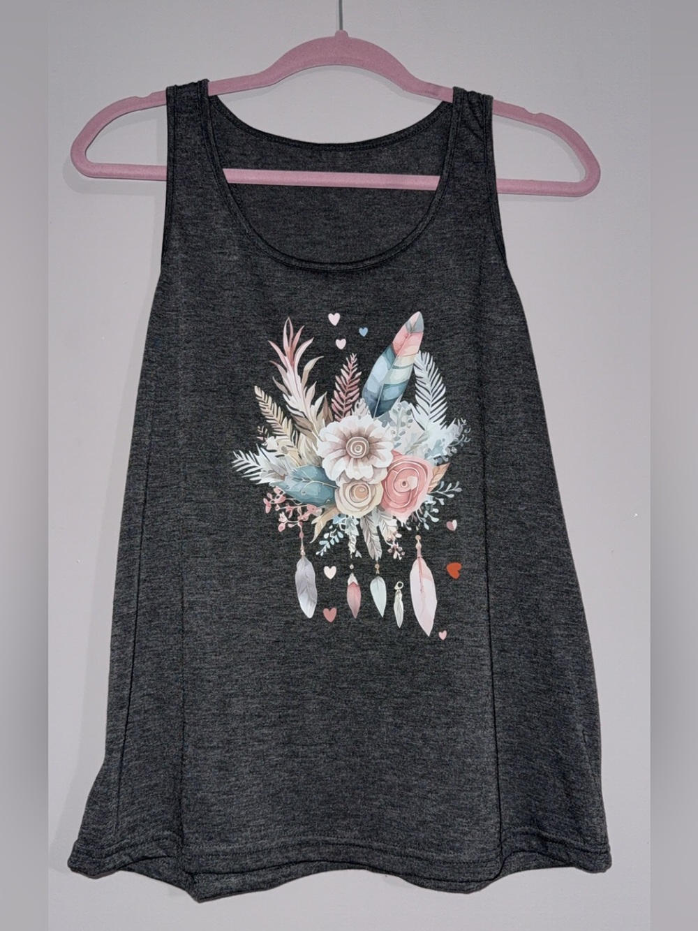 Women's Charcoal Floral Feather Graphic Tank Top